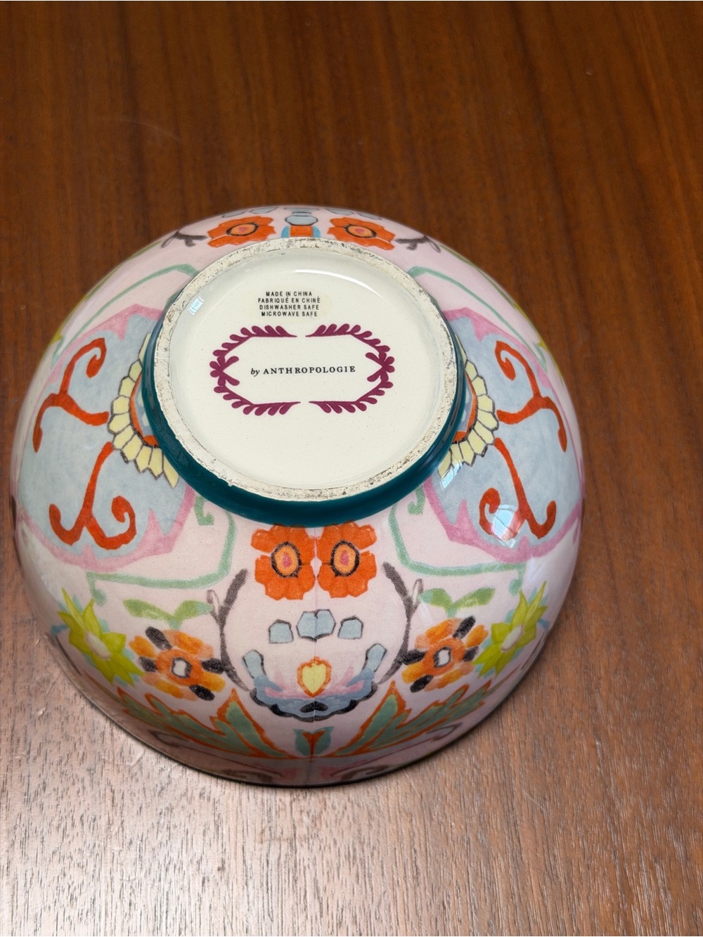 Anthropologie Multicolor Floral Ceramic Bowl — Pink Base with Orange Acents
